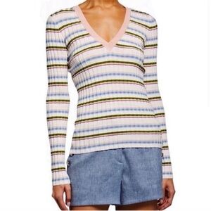 Veronica Beard Amada Striped Ribbed Knit V-Neck Pullover